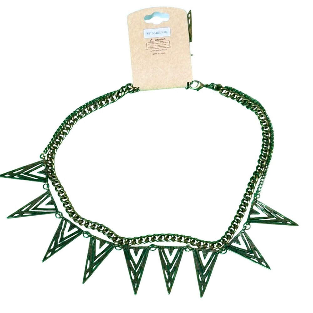 W Necklace Earring Set Triangle Pendants Geometric Design Double Chain Gold-Tone - Picture 8 of 14